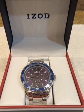 Izod Silver Bracelet Watch with Blue Bezel and Purple Dial